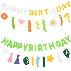 Kleurrijke vilt Happy Birthday slinger set met bloemen en sterren feestdecoraties