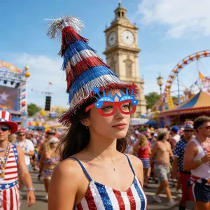 Détail d'un chapeau de fête tricolore et lunettes à paillettes pour l'Indépendance Day