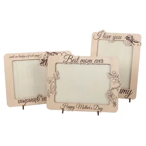 Detail of laser engraved wooden Mother's Day photo frames with desk stands and best mom quotes