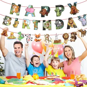 Jungle animal Happy Birthday banner set for kids party decoration featuring cartoon motifs