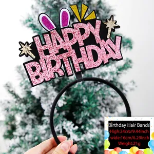 Pink Happy Birthday headband with crown and rabbit ears measuring 24cm by 16cm