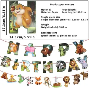 Jungle animal Happy Birthday banner with lion giraffe and hippo cartoon characters