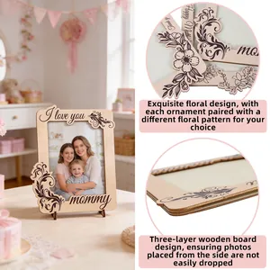 I love you mommy wooden photo frame with floral laser engraving for home decoration