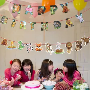 Detailed jungle theme birthday banner set with cartoon animals and Happy Birthday letters