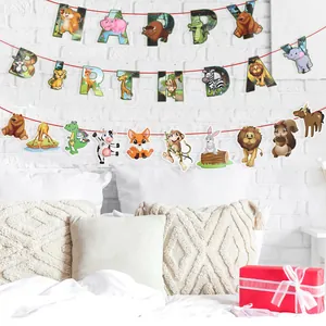 Jungle animal Happy Birthday banner with cartoon lion and giraffe for kids party decoration
