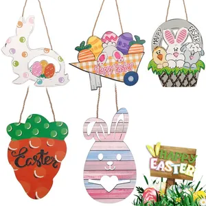 Pannello per Porta in Legno di Pasqua Decorazione Appesa Coniglio Uovo Arredo Casa Festa Cartone Animato Targa in Legno Con Corda di Lino