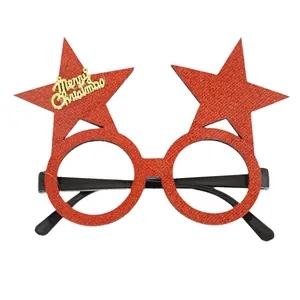 Red glitter Christmas star glasses with golden Merry Christmas text on white background