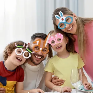 Family wearing colorful Easter bunny glitter party glasses for holiday photo props