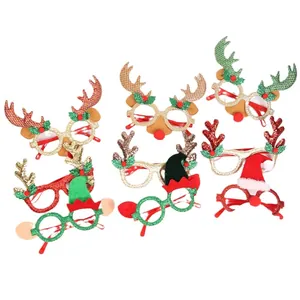 Set of 7 festive Christmas reindeer antler glasses frames with glitter for party props