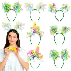 Easter chick and rabbit ear headbands set in pastel colors with glitter pom-poms