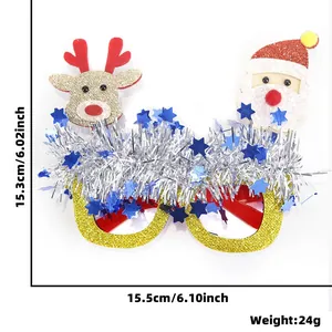 Occhiali di Natale con Babbo Natale e renne decorati con stelle blu e dettagli in tinsel