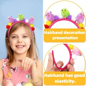 Serre-tête poussin de Pâques rose pour enfants avec pompons colorés et jolis oiseaux de fête