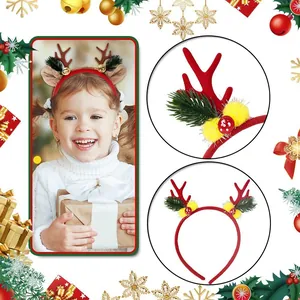 Festive Christmas reindeer antler headband with red bells and pom pom decorations