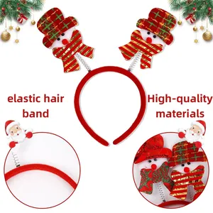 Christmas snowman headband with red plaid hats and glitter detail on elastic band