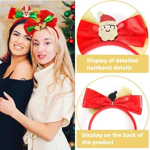 Christmas headband set with red satin bow and Santa reindeer sequin decorations