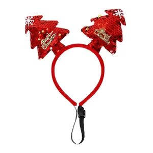Adjustable Christmas pet headband with red sequin trees and Merry Christmas text