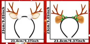 Detailed view of Christmas reindeer antler headbands with golden bells and pom poms