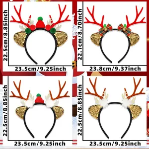 Detailed view of four Christmas reindeer antler headbands with dimensions and glitter finish