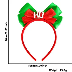Detailed size specifications for Christmas headband with red green ribbon bow and HO lettering