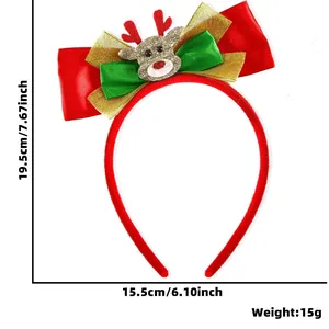 Christmas bow headband with cartoon reindeer detail and size dimensions in inches