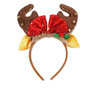 Christmas reindeer antler headband with brown sequins and large red bow for party decoration