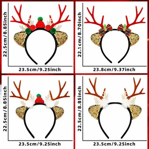 Size chart showing dimensions for four festive Christmas reindeer antler headbands