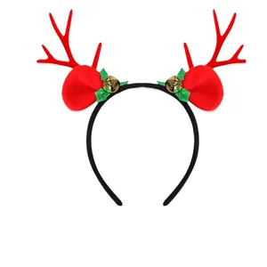 Christmas reindeer antler headband with festive bells and green glitter leaves decoration