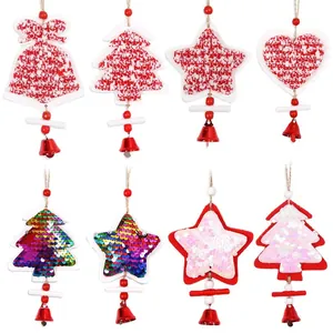 8-piece set of Christmas star and heart wooden ornaments with bells and sequins