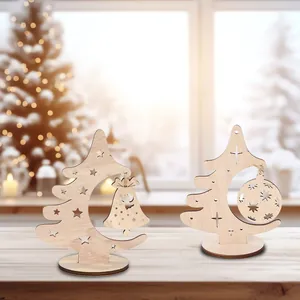 Macro detail of laser-cut wooden Christmas tree ornaments with star and bell motifs