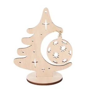 Minimalist wooden Christmas tree ornament with laser-cut star patterns and round base