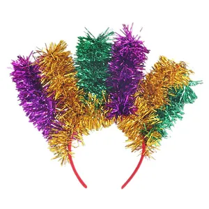 Diadema festiva de Carnaval Mardi Gras con adornos de oropel oro, verde y púrpura