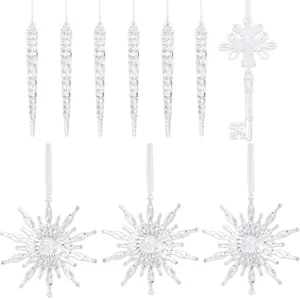 Set of 10 clear acrylic Christmas ornaments featuring snowflakes, icicles and vintage key