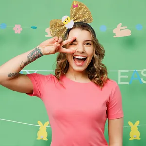 Oster-Haarreif mit großer goldener Pailletten-Schleife und Küken-Motiv für Party-Deko
