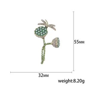 Fashion dragonfly and lotus pod brooch with pearls and crystals, 55mm height design