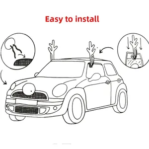 Installation diagram for car reindeer antlers set with red nose shown on car windows