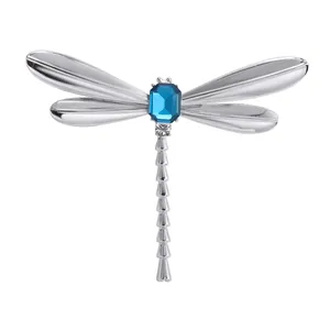 Vintage silver dragonfly brooch with emerald-cut blue gemstone for clothing accessories