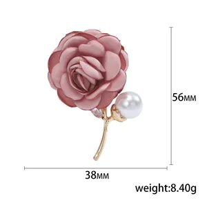 Elegant pink fabric rose brooch with pearls and rhinestones for wedding dresses 56x38mm