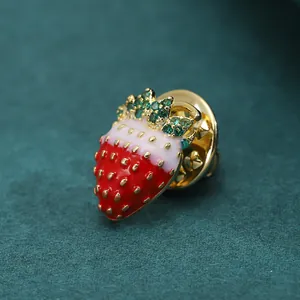 Exquisite red strawberry brooch with green zircon leaves and gold finish for fashion decor
