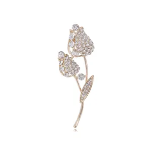 Broche Élégante Tulipe en Strass pour Femmes Fleur en Alliage Incrustée Or Argent Électroplaqué Accessoire de Bijoux de Mode Broche