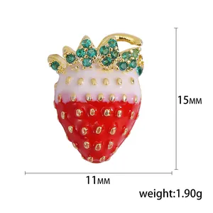 Exquisite strawberry brooch with red enamel and green zircon leaves, 15mm x 11mm size