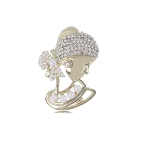 Girl With A Artificial Pearl Earring Brooch Pin Alloy Rhinestone Faux Artificial Pearl Elegant Lady Profile Vintage Fashion Accessory