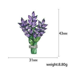 Broche bouquet de lavande en cristal violet et alliage argenté, taille 43mm x 31mm