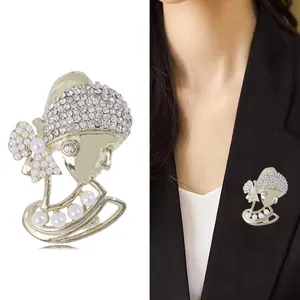 Elegant Girl with Pearl Earring brooch pin in gold finish with sparkling crystals