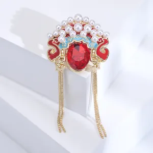 Exquisite Chinese opera phoenix crown brooch with red gemstone, pearls and golden tassels
