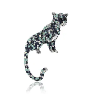 Retro rhinestone leopard brooch for suits with emerald green and blue crystals