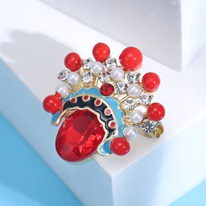 Exquisite Chinese Opera mask brooch with red crystals and pearls in gold finish