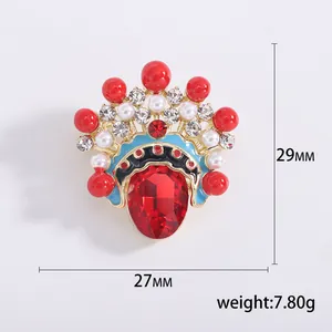 Chinese Opera face mask brooch in gold alloy with red gemstones and pearls 29x27mm