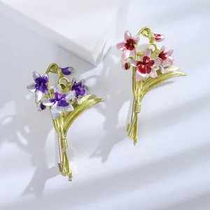 Elegant enamel orchid brooch pins in purple and pink floral patterns for women