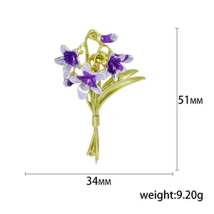 Elegant purple and blue enamel orchid brooch with 51mm height and 34mm width specs