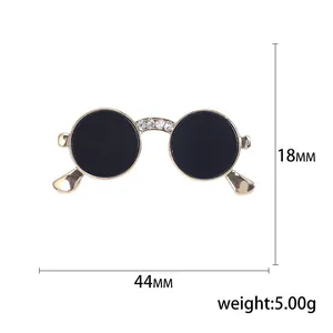 Chic gold-framed round sunglasses brooch with rhinestones, 44mm width and 5g weight